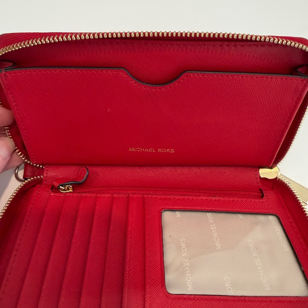 Michael Kors Red Zip Around Wallet With Gold Tone Polka Dots Multiple Pockets CC - Picture 3 of 6
